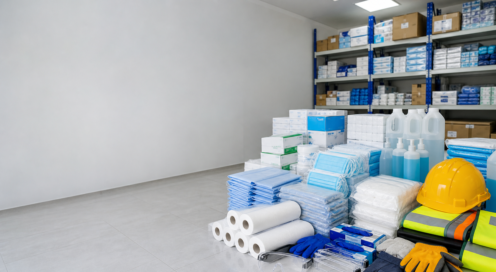 Inventario organizado de insumos médicos, higiene y seguridad industrial